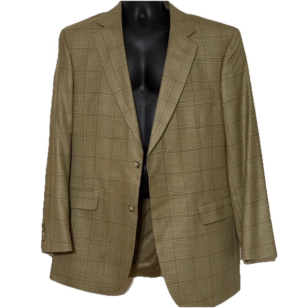 Jos A Bank Blazer Sport Jacket Lt Brown Plaid 2 Button Sz42L Silk Wool